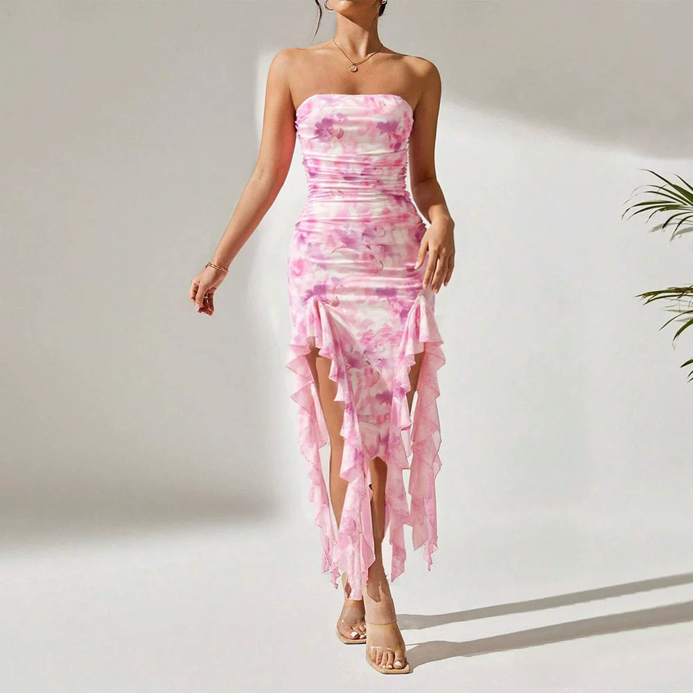 ZARA Summer Sexy Strapless Midi Dress with Ruffle Hem and Slit - Picture 6 of 6